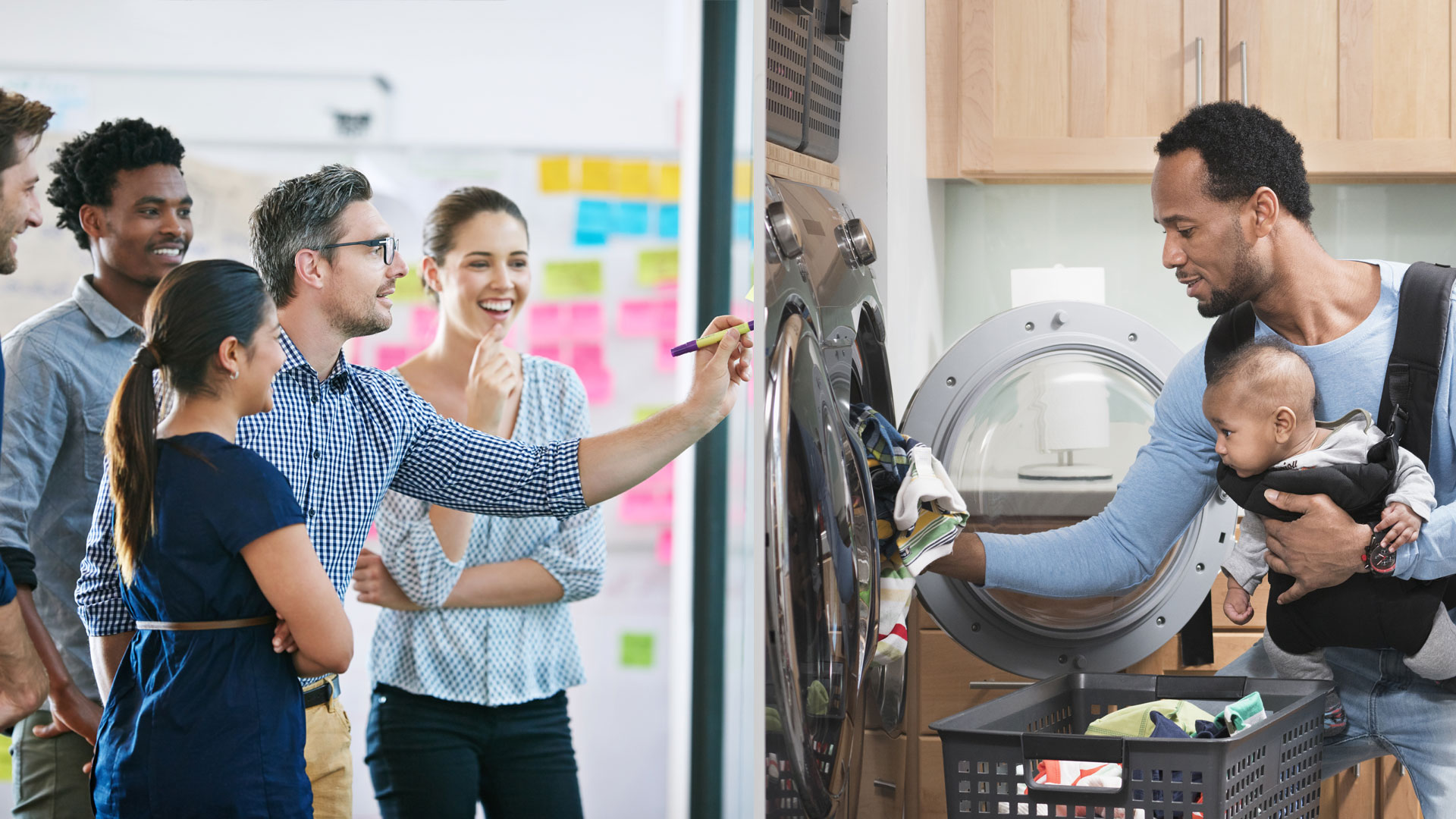 Whirlpool_HomePage_Careers_taller Bring your talent home campaign with workers in office on left planning, and a man with a baby on the right in a sling, as he loads his laundry