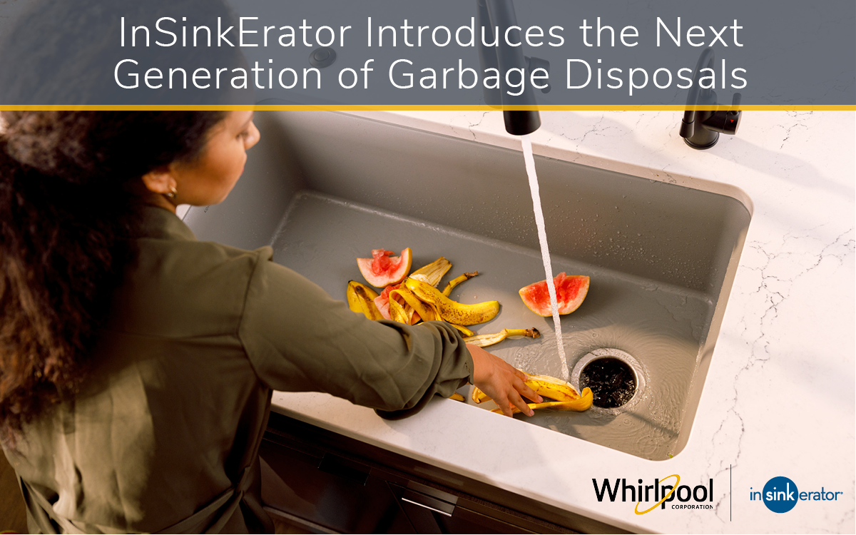 lifestyle image of woman putting banana peel down the InSinkErator Next Generation Disposal 