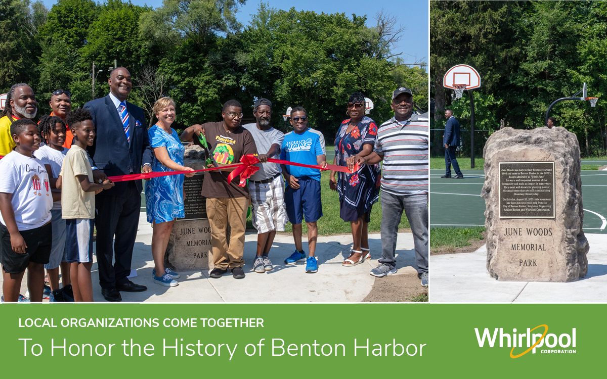 Mayor of Benton Harbor, Whirlpool Corporation leader, NOR organization leadership and local community members cutting the ribbon on the new June Woods Park