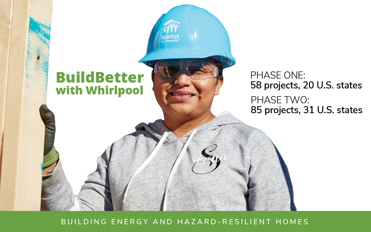 Young woman, wearing a Habitat for Humanity hard hat smiling, with BuildBetter with Whirlpool message on the graphic