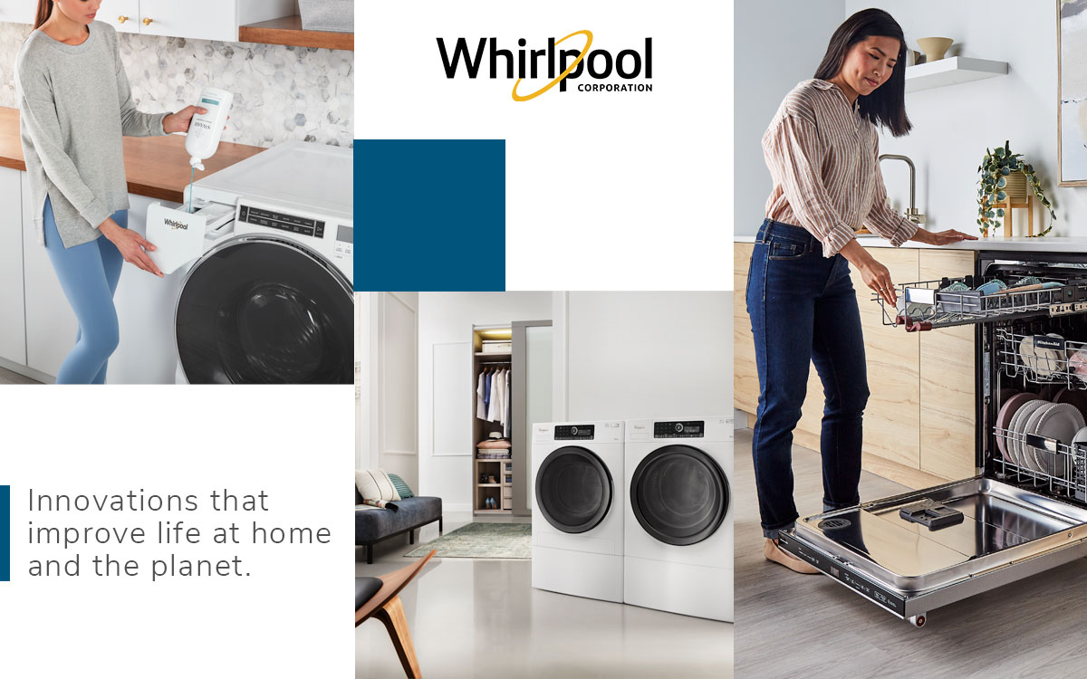 Whirlpool innovations featuring 6th Sense Technology, KitchenAid 3rd rack dishwasher, and Swash detergent