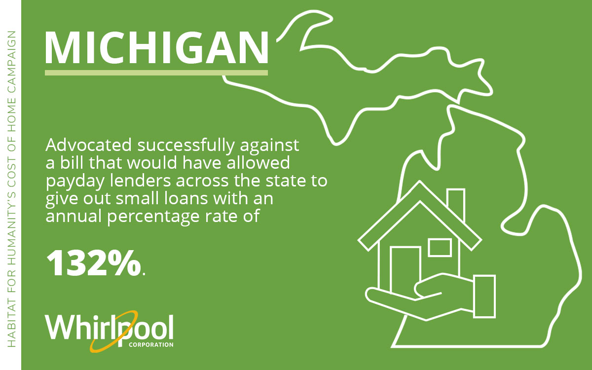 Whirlpool Corp Advocated successfully against<br />
a bill that would have allowed<br />
payday lenders across the state to<br />
give out small loans with an<br />
annual percentage rate of 132% for the Habitat Cost of Home Campaign